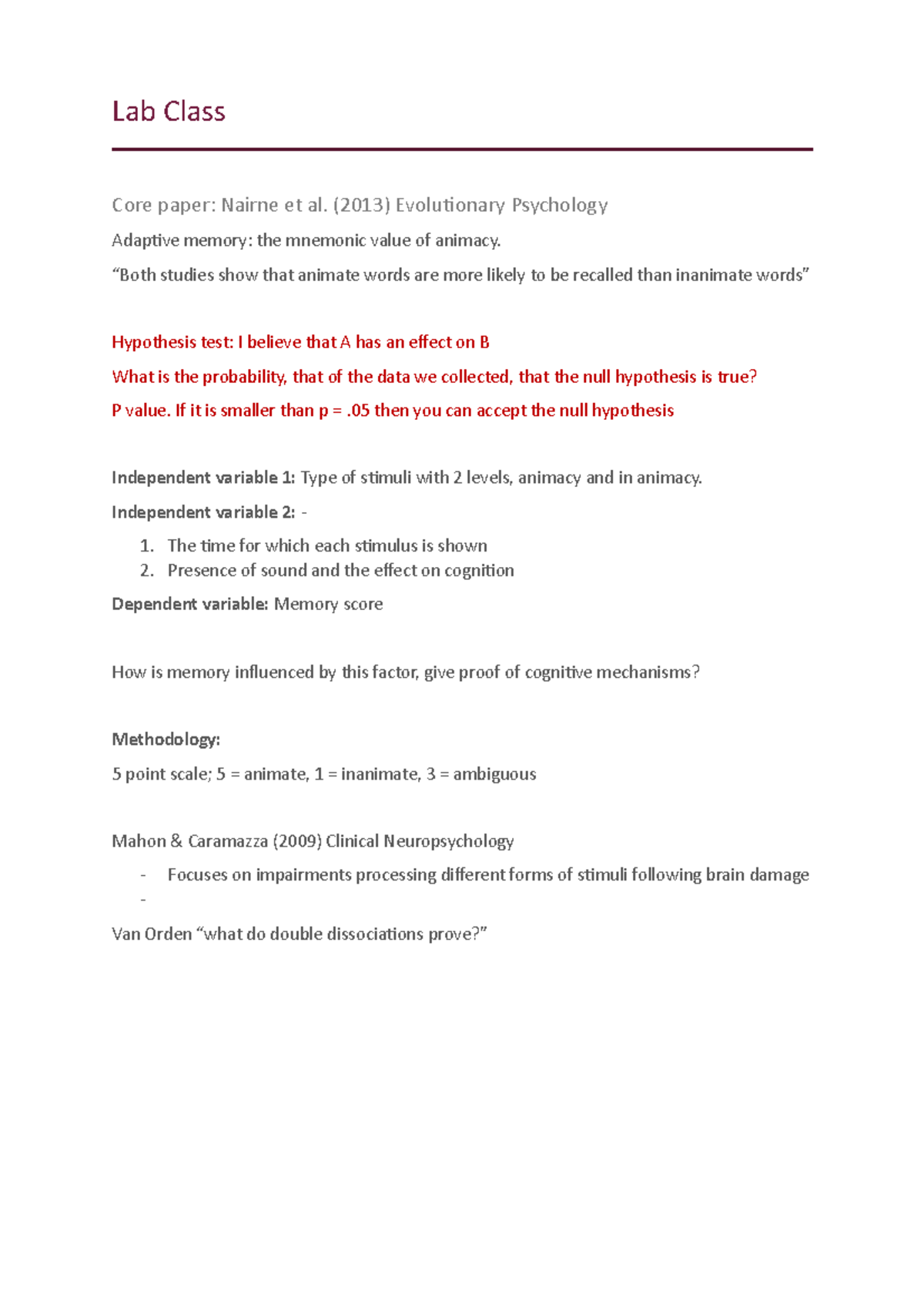 Lab Class Lab Class Core paper Nairne et al. (2013) Evolutionary