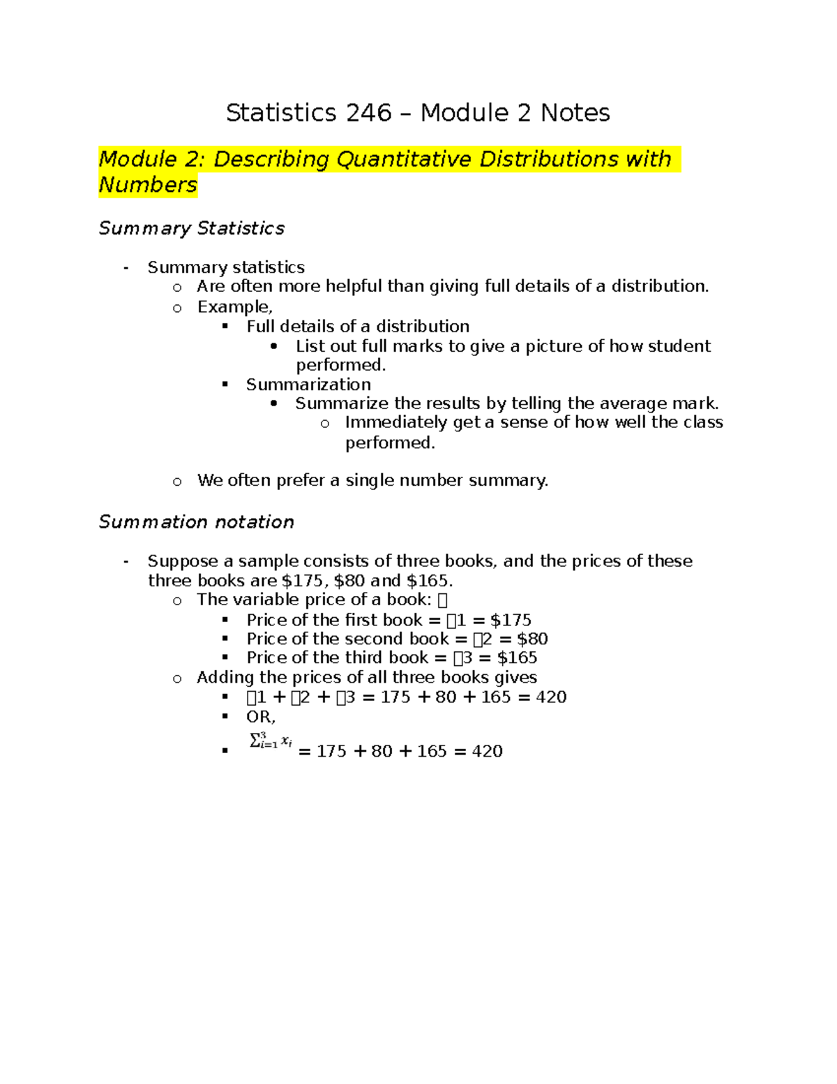 Module 2 - Notes - Statistics 246 – Module 2 Notes Module 2: Describing ...
