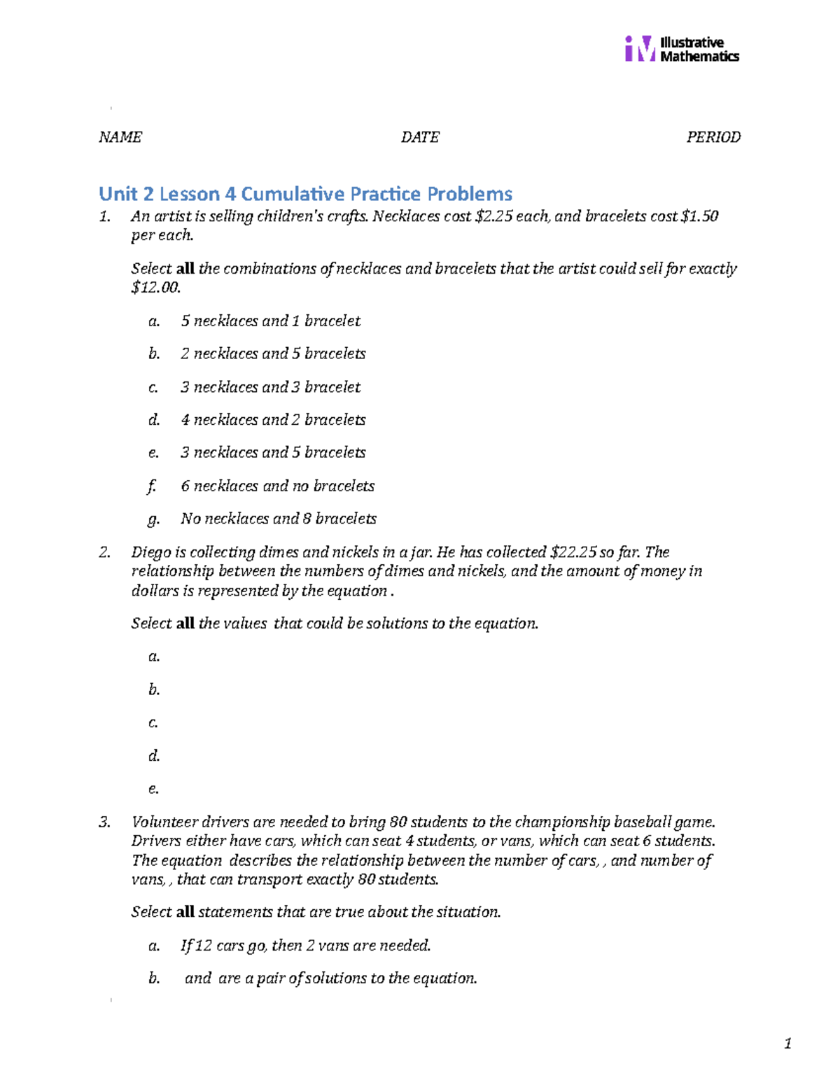 Algebra 1 2 4 Lesson Curated Practice Problem Set Unit 2 Lesson 4 