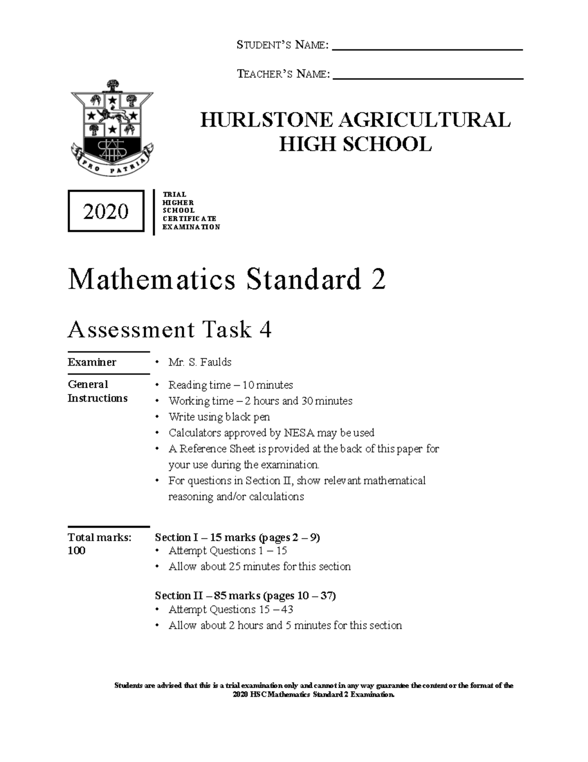 2020 Hurlstone Trial Exam - STUDENT ’ S N AME : T EACHER’ S N AME ...