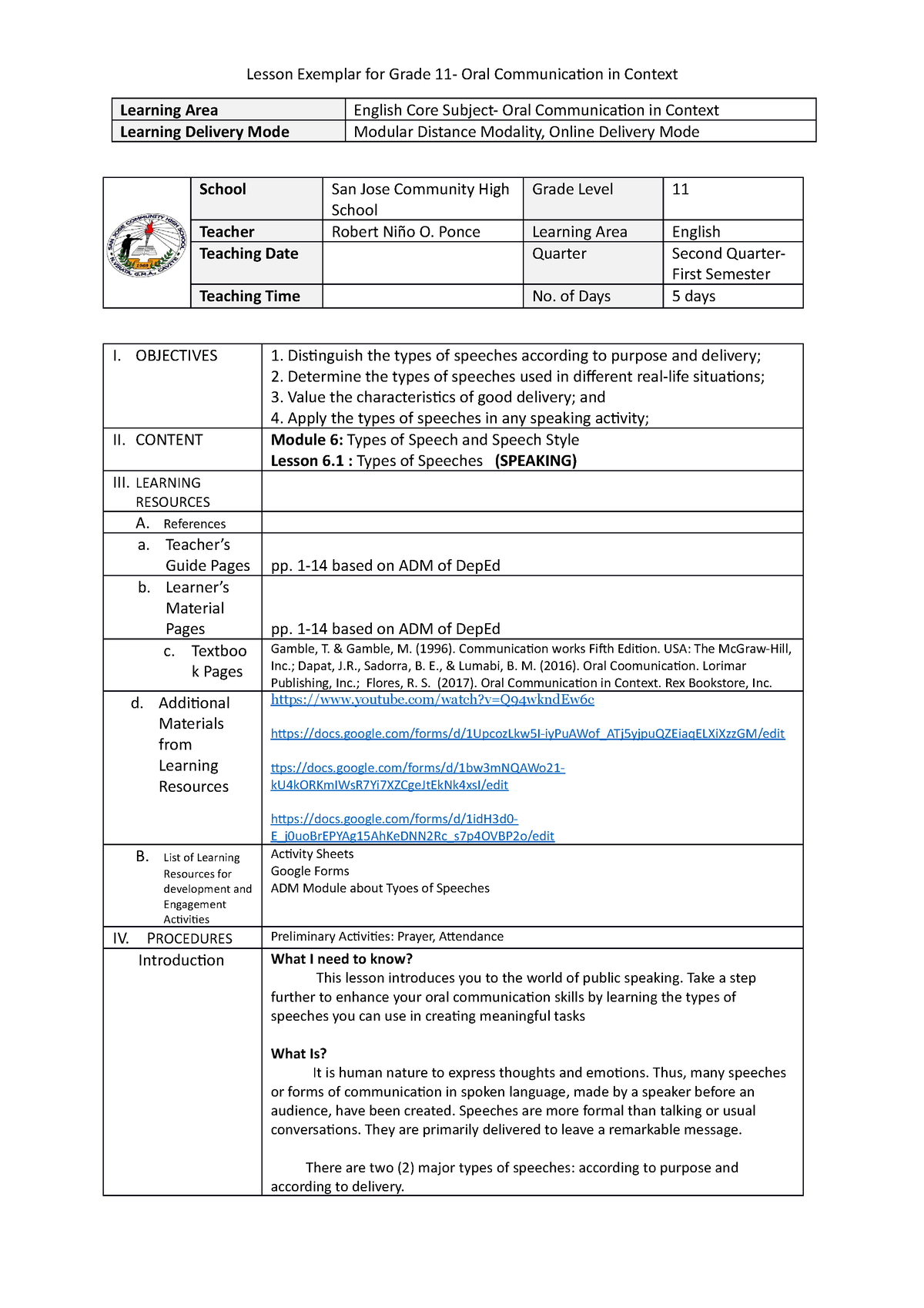 Ponce Lesson-Exemplar-SHS- Oral Communication Types of Speeches ...