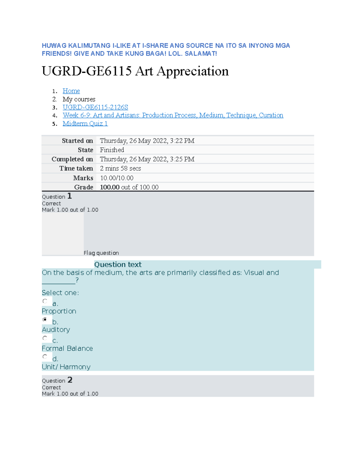 Midterm Quiz 1 - UGRD-GE6115 Art Appreciation - Don't forget to like ...