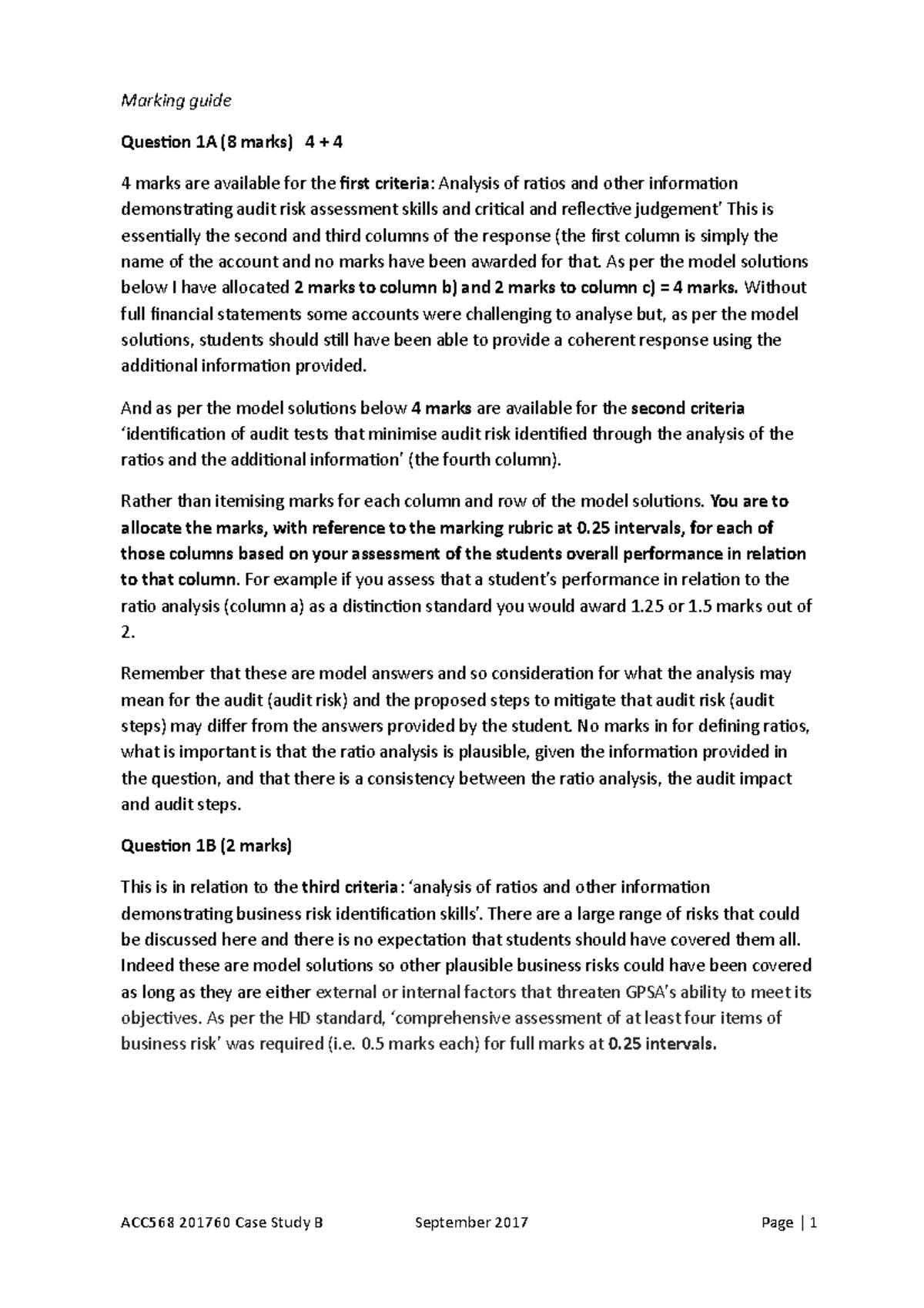 2017 60 Case Study B Solutions and marking guide Marking guide