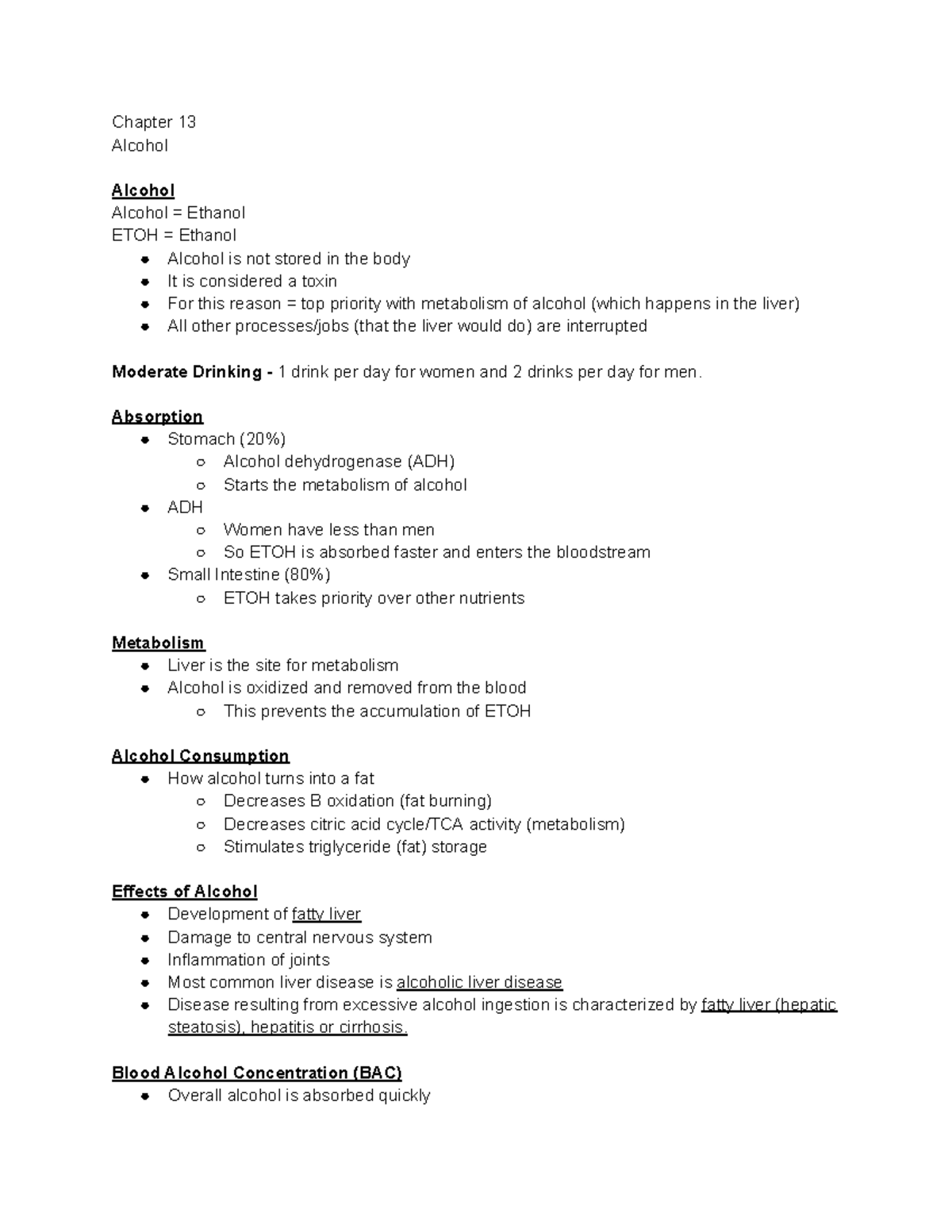 Nutrition notes 3 - Chapter 13 Alcohol Alcohol Alcohol = Ethanol ETOH ...