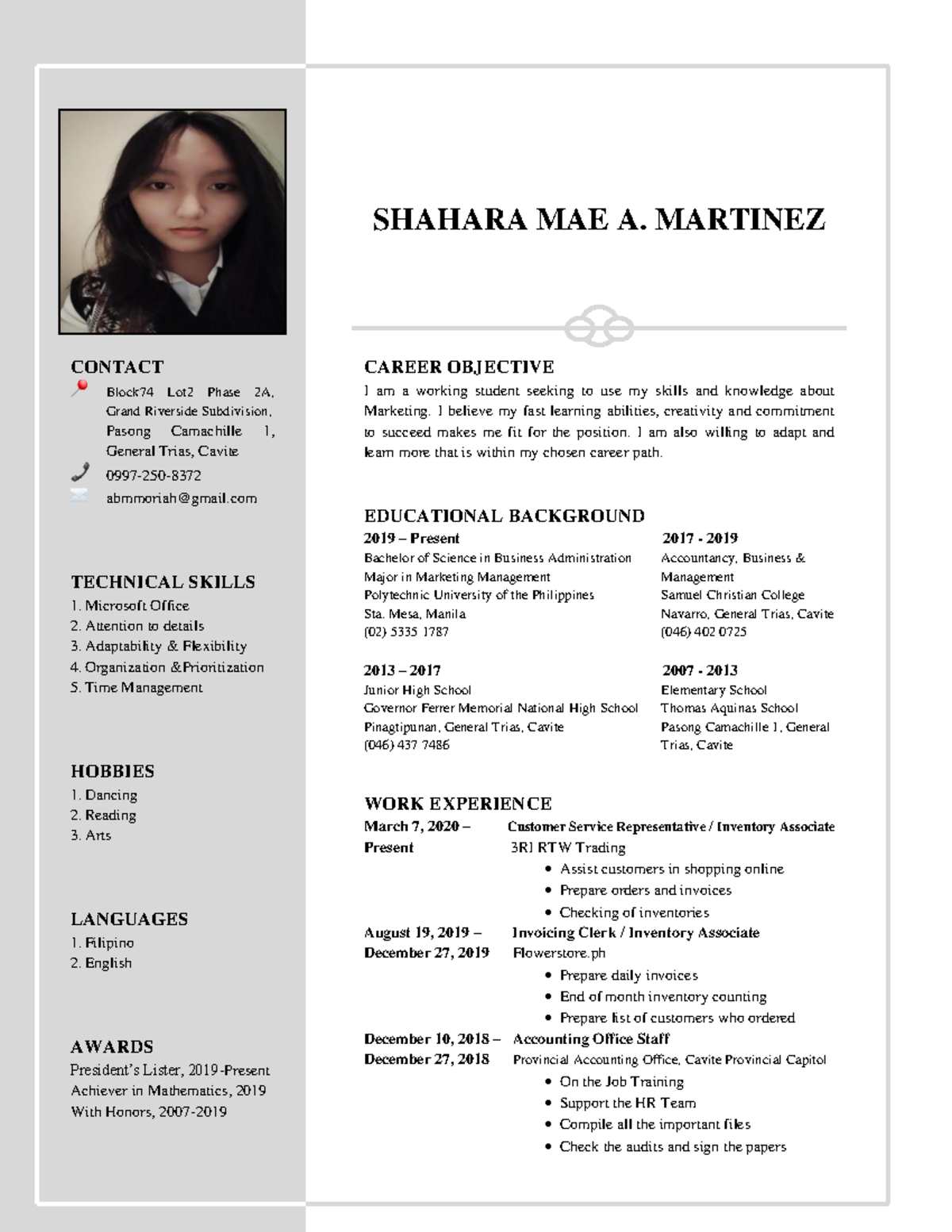 Martinez Shahara Mae resume - SHAHARA MAE A. MARTINEZ CONTACT Block74 ...