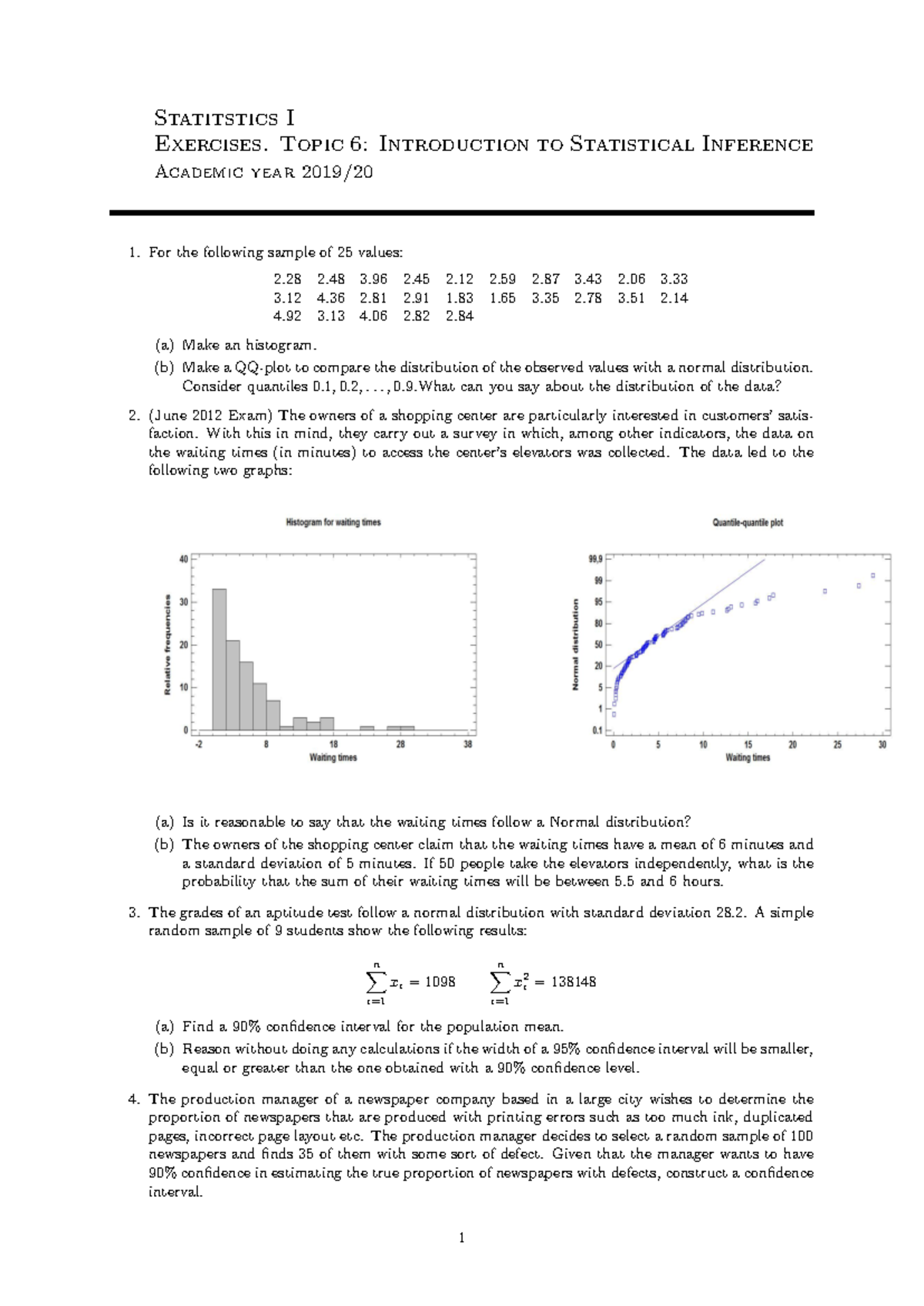 Seminar 6 Excercise - Statitstics I Exercises. Topic 6: Introduction to ...