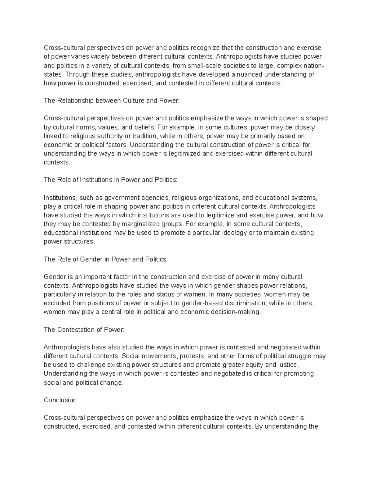 Crosscultural perspectives on power and politics Anthropologists