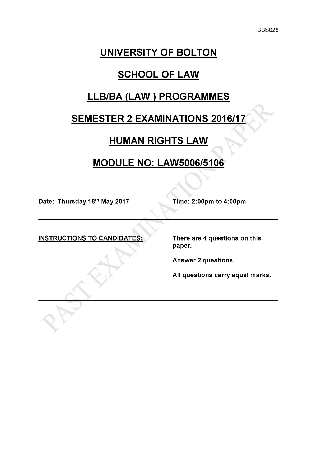 Exam 18 May 2017, Questions - BBS UNIVERSITY OF BOLTON SCHOOL OF LAW ...