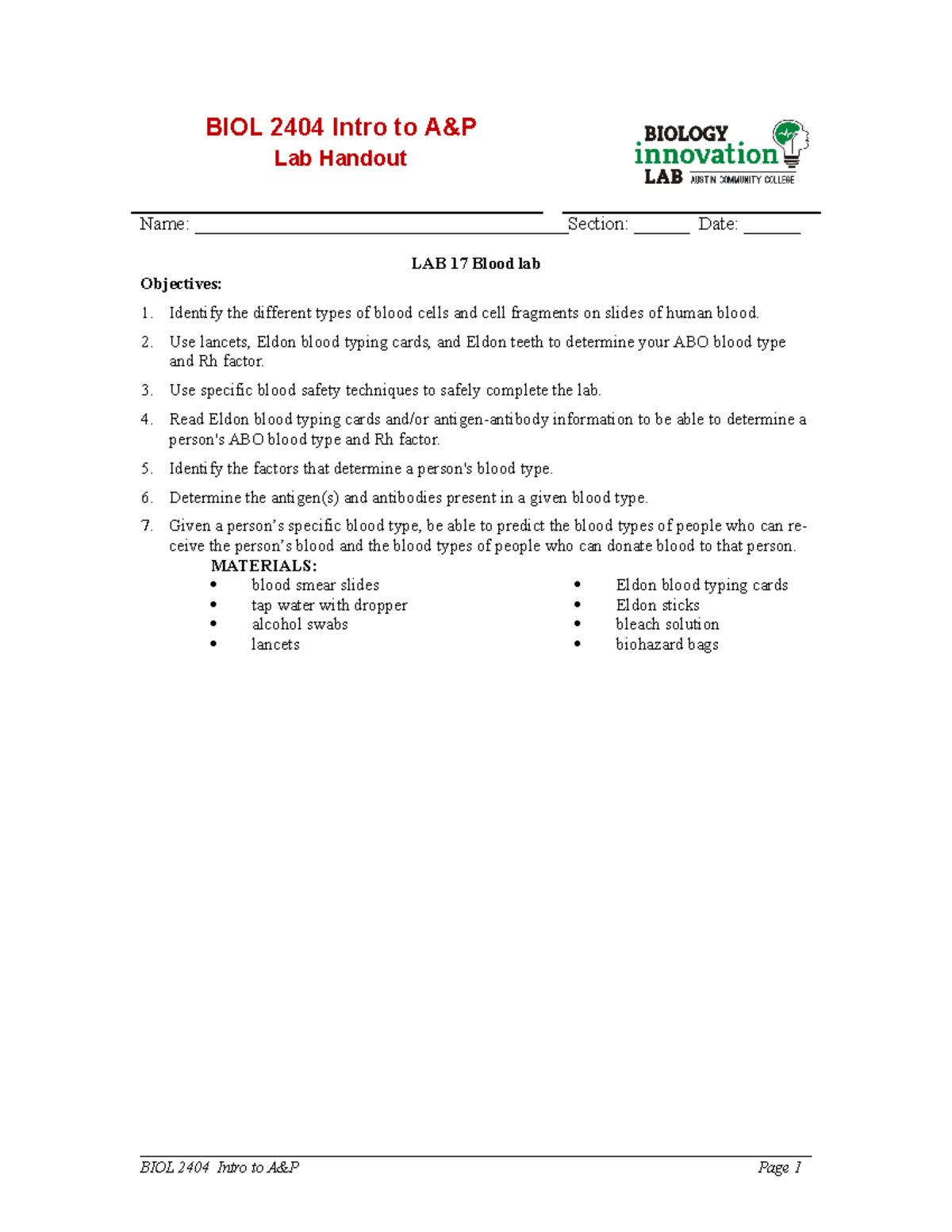 BIOL 2404 Blood Lab Anatomy and Physiology BIOL 2404 Intro to A&P