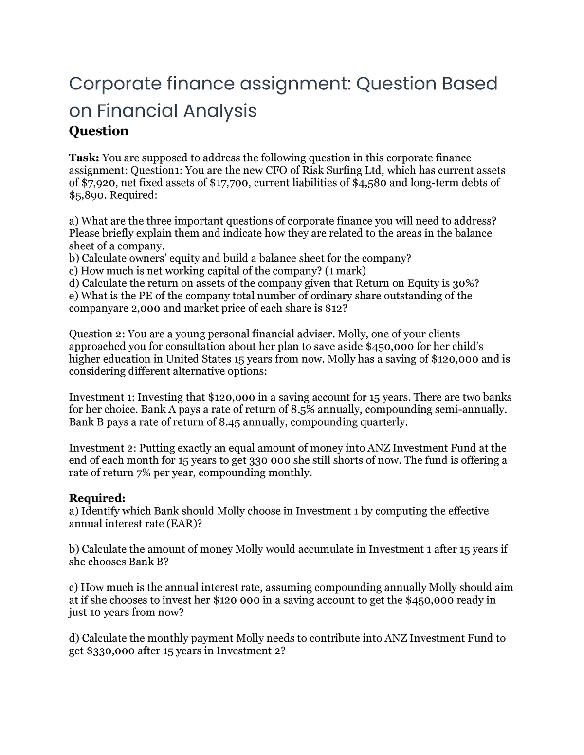 corporate finance assignment 2 financial statement analysis