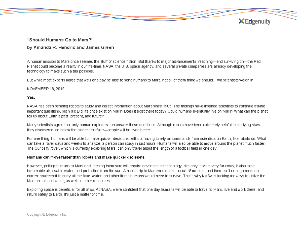 Student document should humans go to mars should humans go to mars