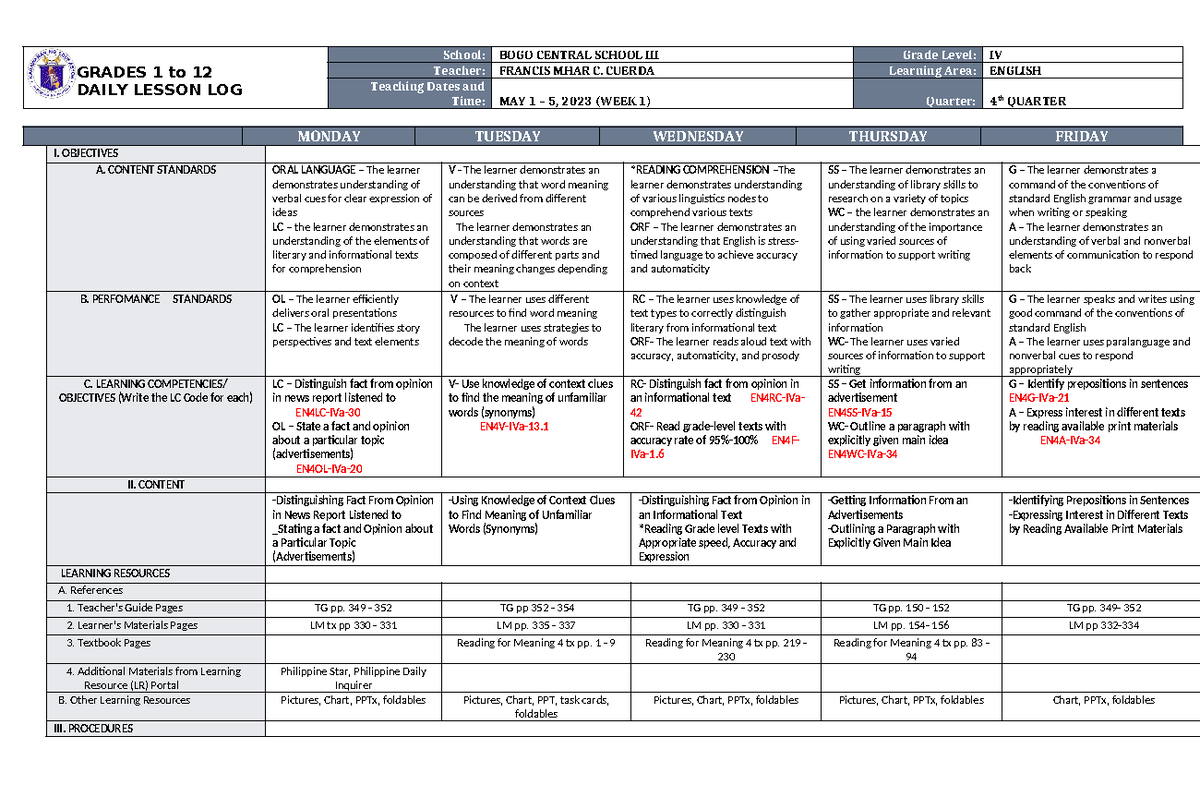 DLL English 4 Q4 W1 - GRADES 1 to 12 DAILY LESSON LOG School: BOGO ...