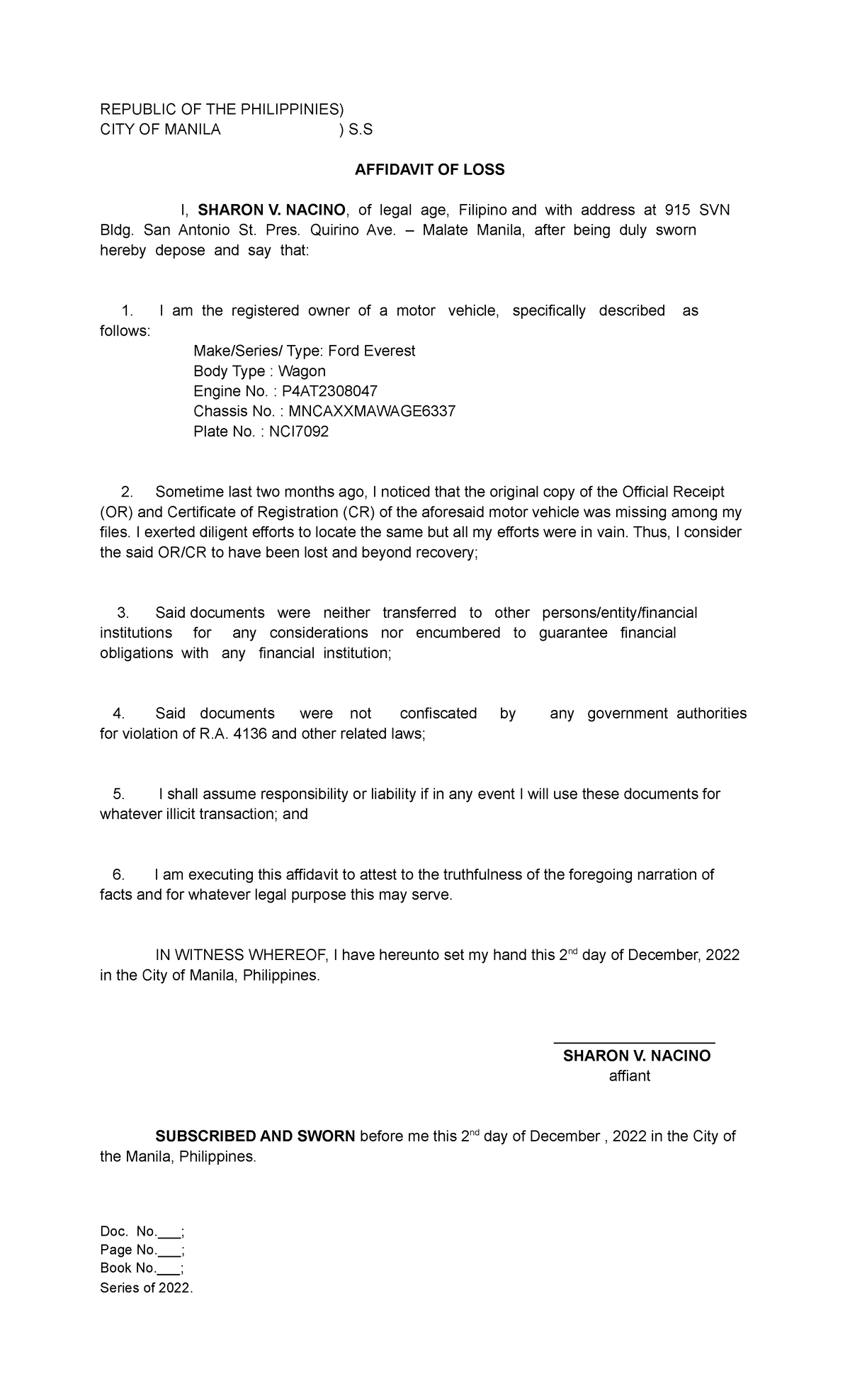 affidavit of loss REPUBLIC OF THE PHILIPPINIES) CITY OF MANILA ) S
