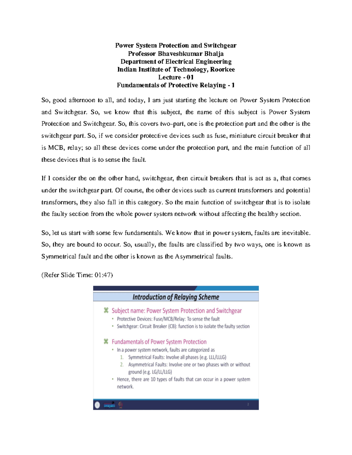Lec1 Power System Protection and Switchgear Professor Bhaveshkumar