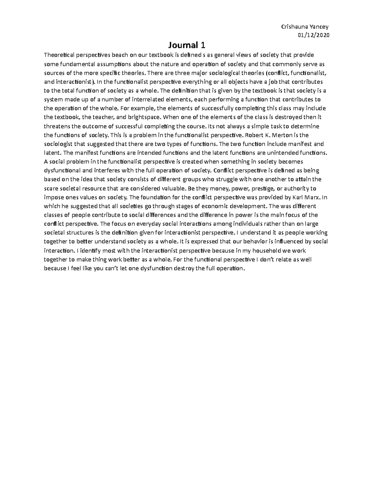 Journal 1 - Crishauna Yancey 01/12/ Journal 1 Theoretical perspectives ...