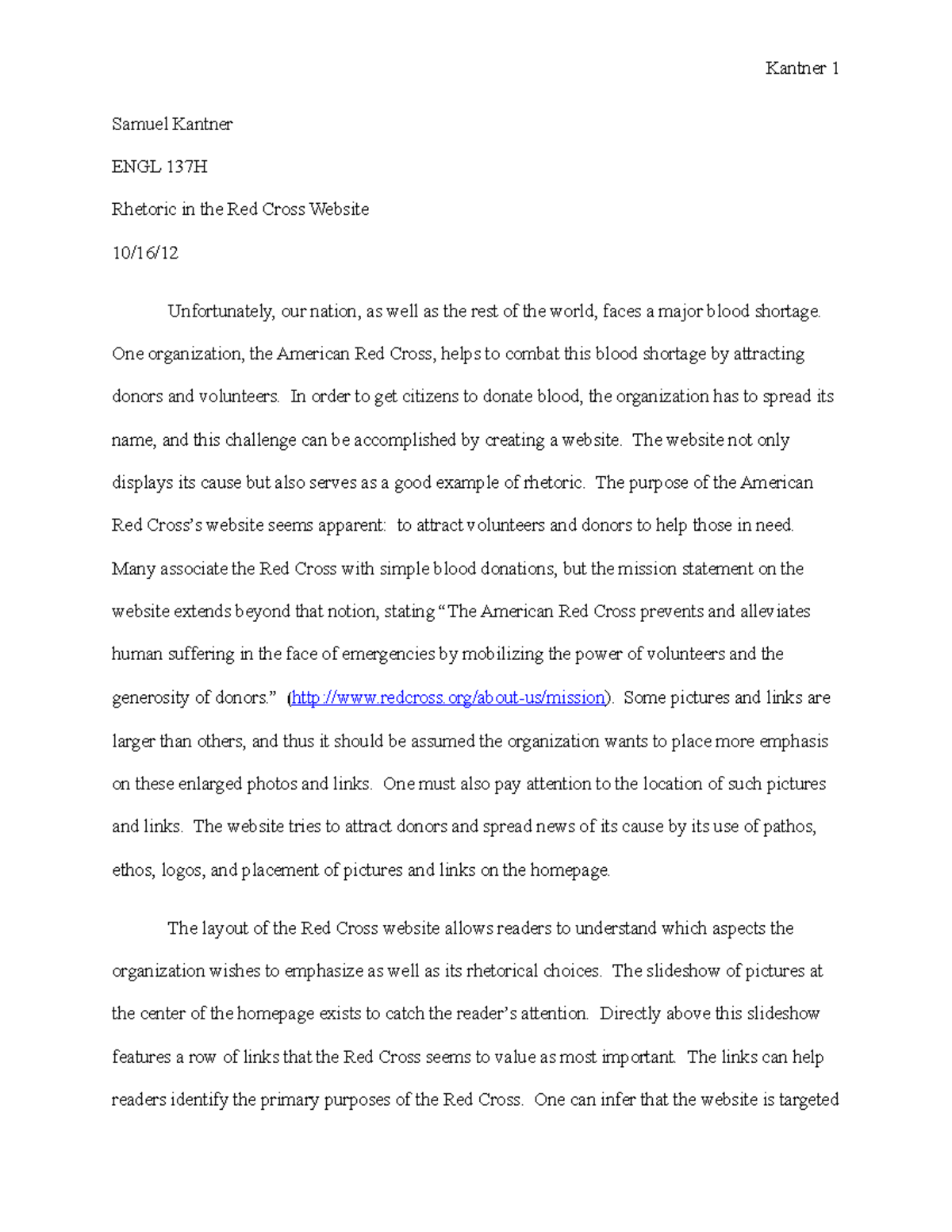 Red Cross Rhetorical Analysis Essay - Samuel Kantner ENGL 137H Rhetoric ...