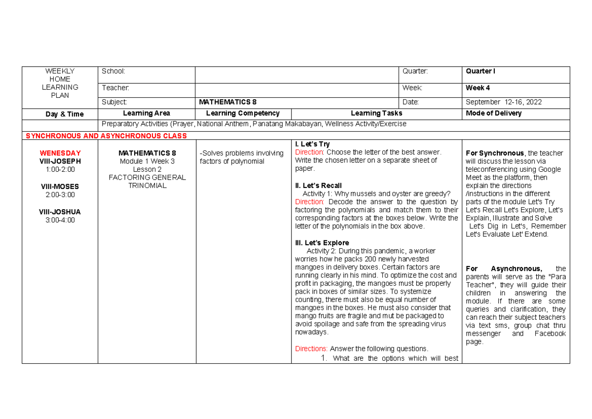 Weekly learning plan Factoring General Trinomial - WEEKLY HOME LEARNING ...