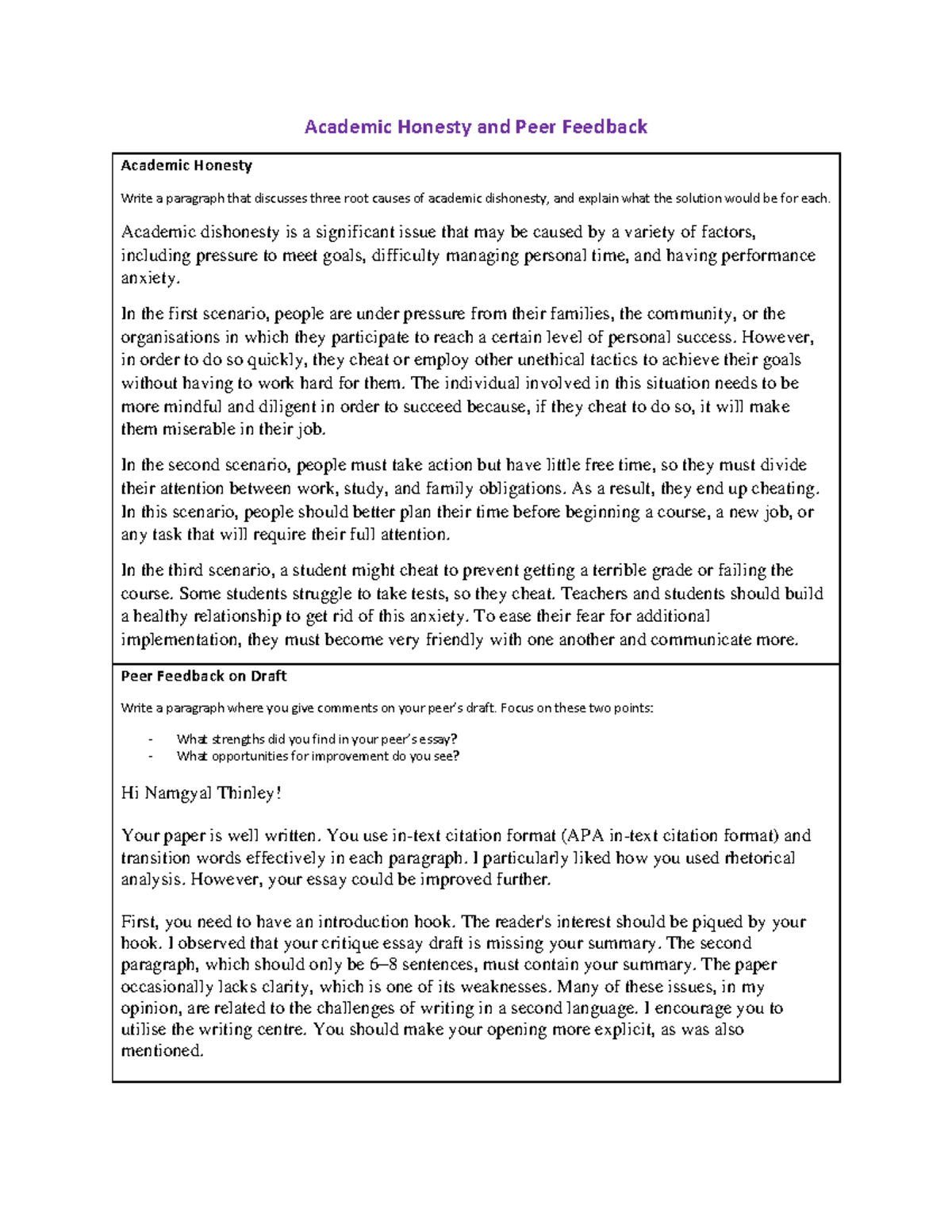 Academic Honesty and Peer Feedback - Vanessa Valdez (301240535 ...