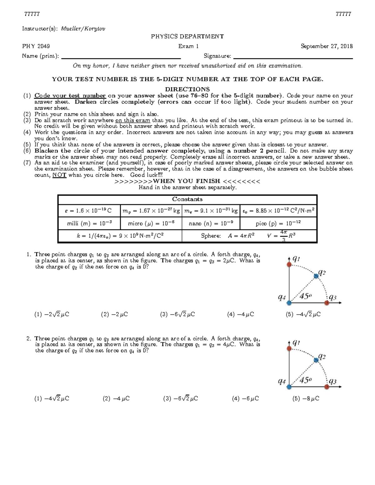 Exam1fall18 - Instructor(s): Mueller/Korytov PHYSICS DEPARTMENT PHY ...