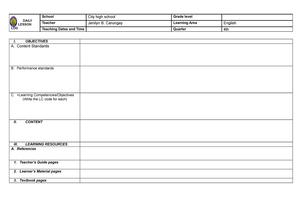 Daily - materials - DAILY LESSON LOG School City high school Grade ...