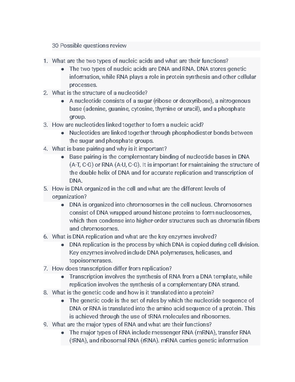 Exam nucleic acid structure and function 30 Possible questions review