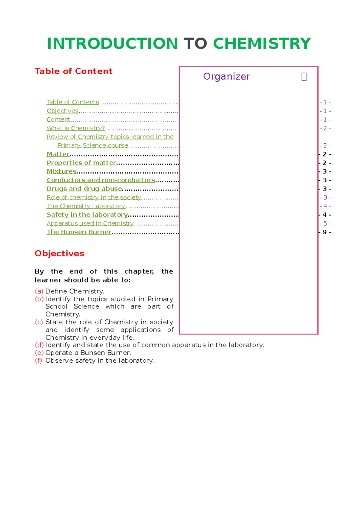 1.1 introduction to chemistry INTRODUCTION TO CHEMISTRY Table of