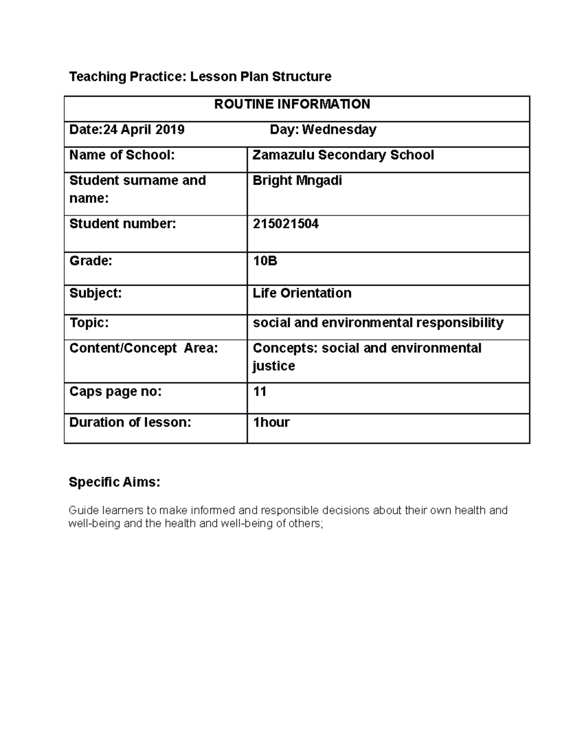 14 lesson plan - Teaching Practice: Lesson Plan Structure ROUTINE ...