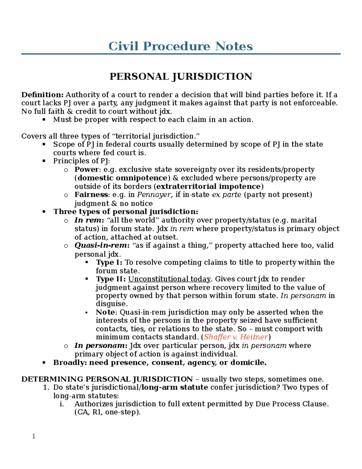 Civ Pro Outline - PERSONAL JURISDICTION Definition: Authority Of A ...