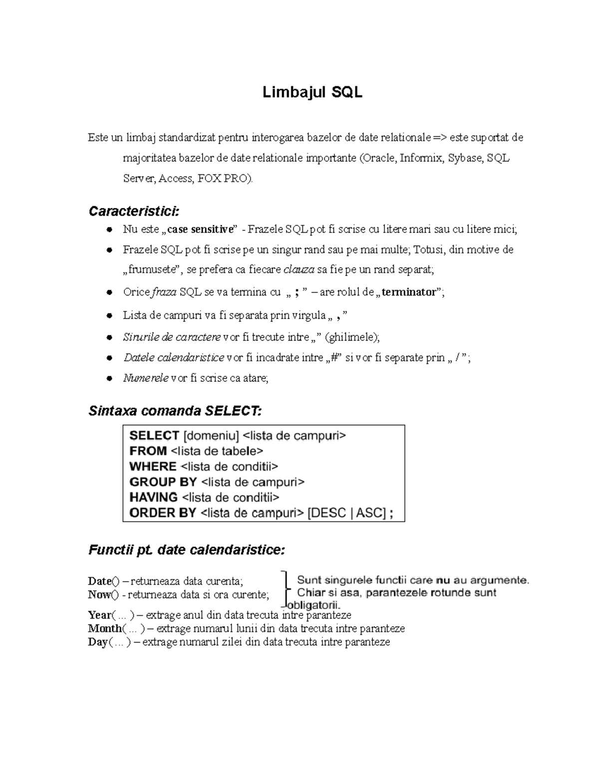 Teorie Limbajul SQL Partea 1 - Rezumat - Limbajul SQL Este un limbaj ...