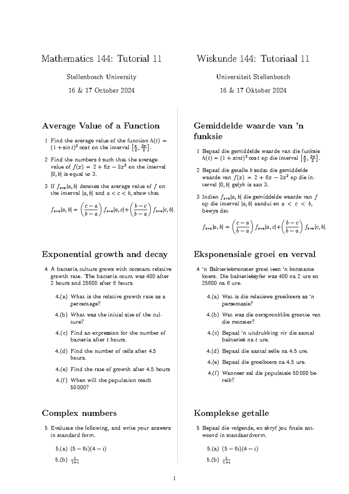 Maths 144 Tutorial 11 - Mathematics 144: Tutorial 11 Stellenbosch ...