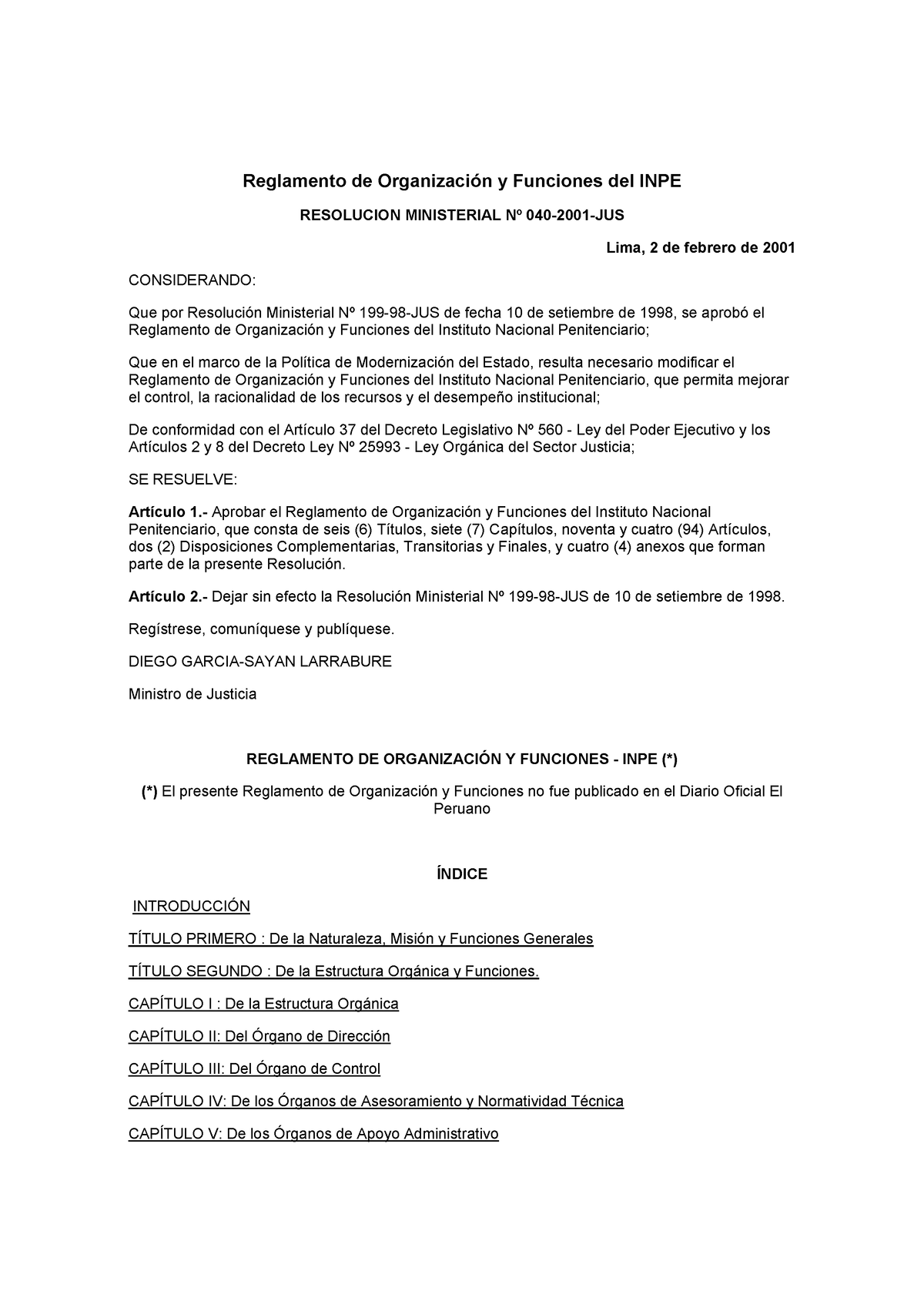 Inpe 2001 Reglamento De Organización Y Funciones Reglamento De OrganizaciÛn Y Funciones Del 3844