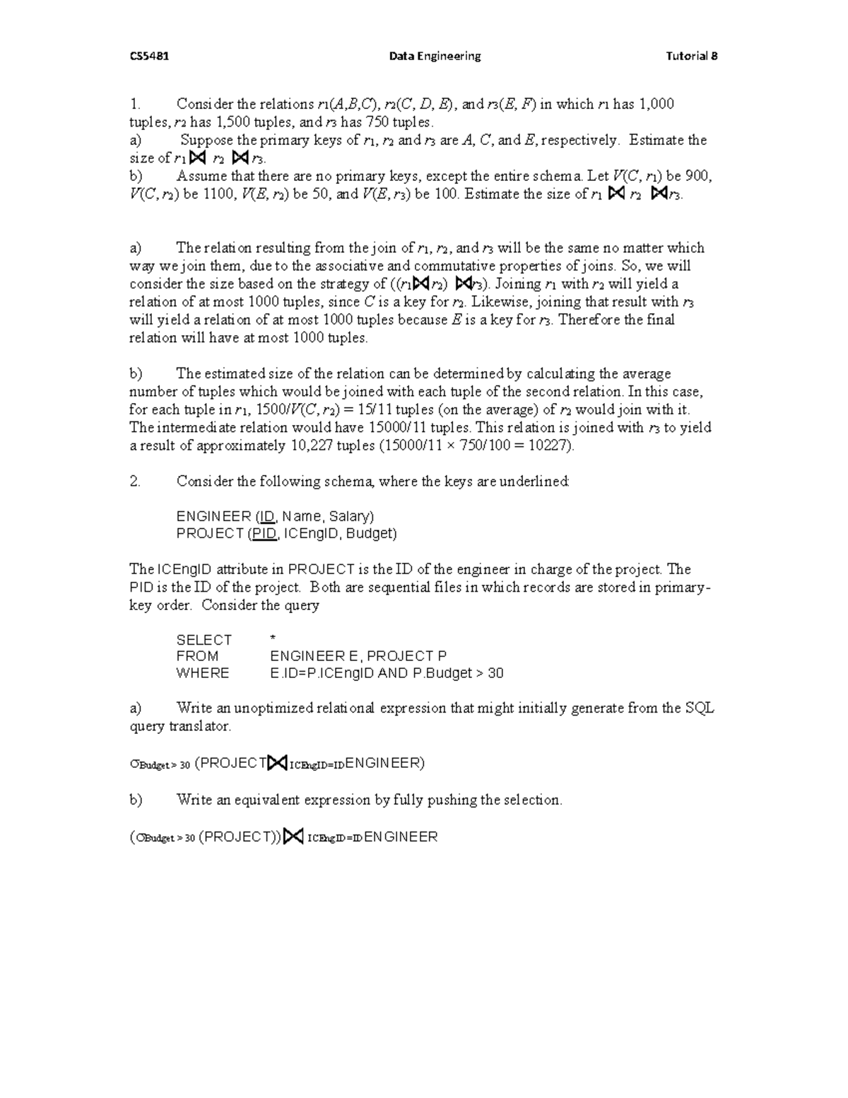 Tut8a - answer - Data Engineering - CityU - Studocu