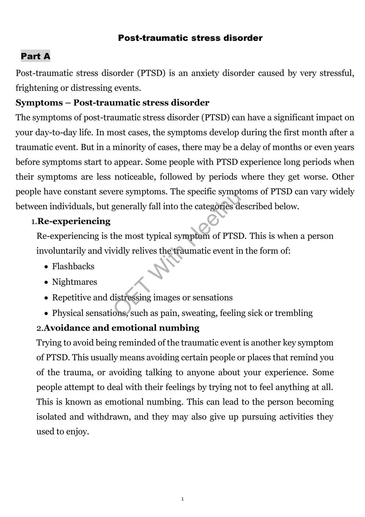 Post Traumatic Stress disorder reading part A for OET exam preparation ...