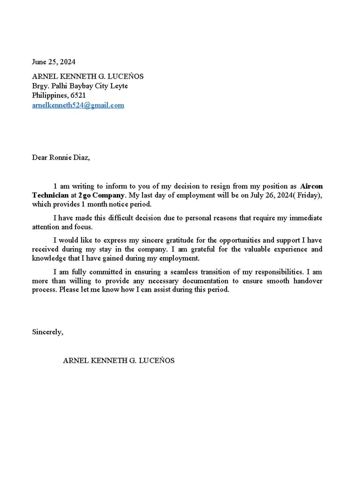 Resignation Letter - June 25, 2024 ARNEL KENNETH G. LUCE ṄOS Brgy ...