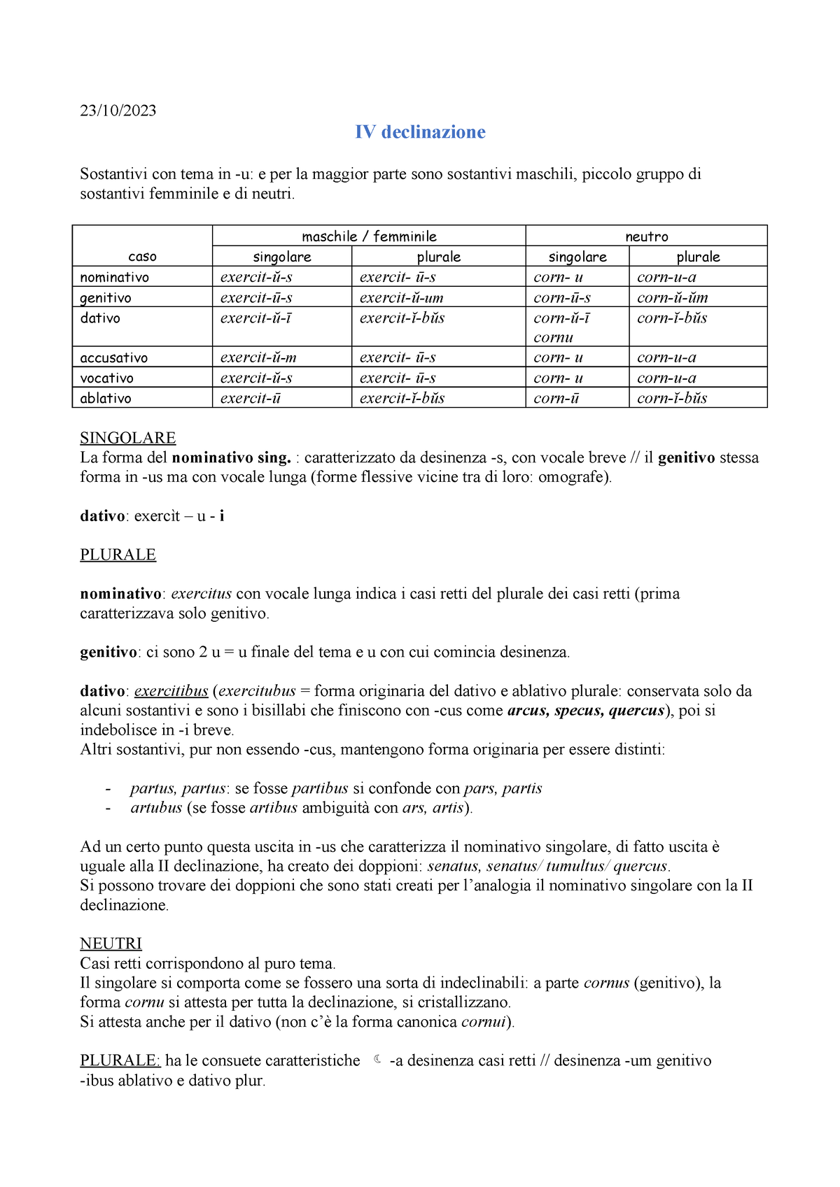 IV-V declinazione - 23/10/ IV declinazione Sostantivi con tema in -u: e ...