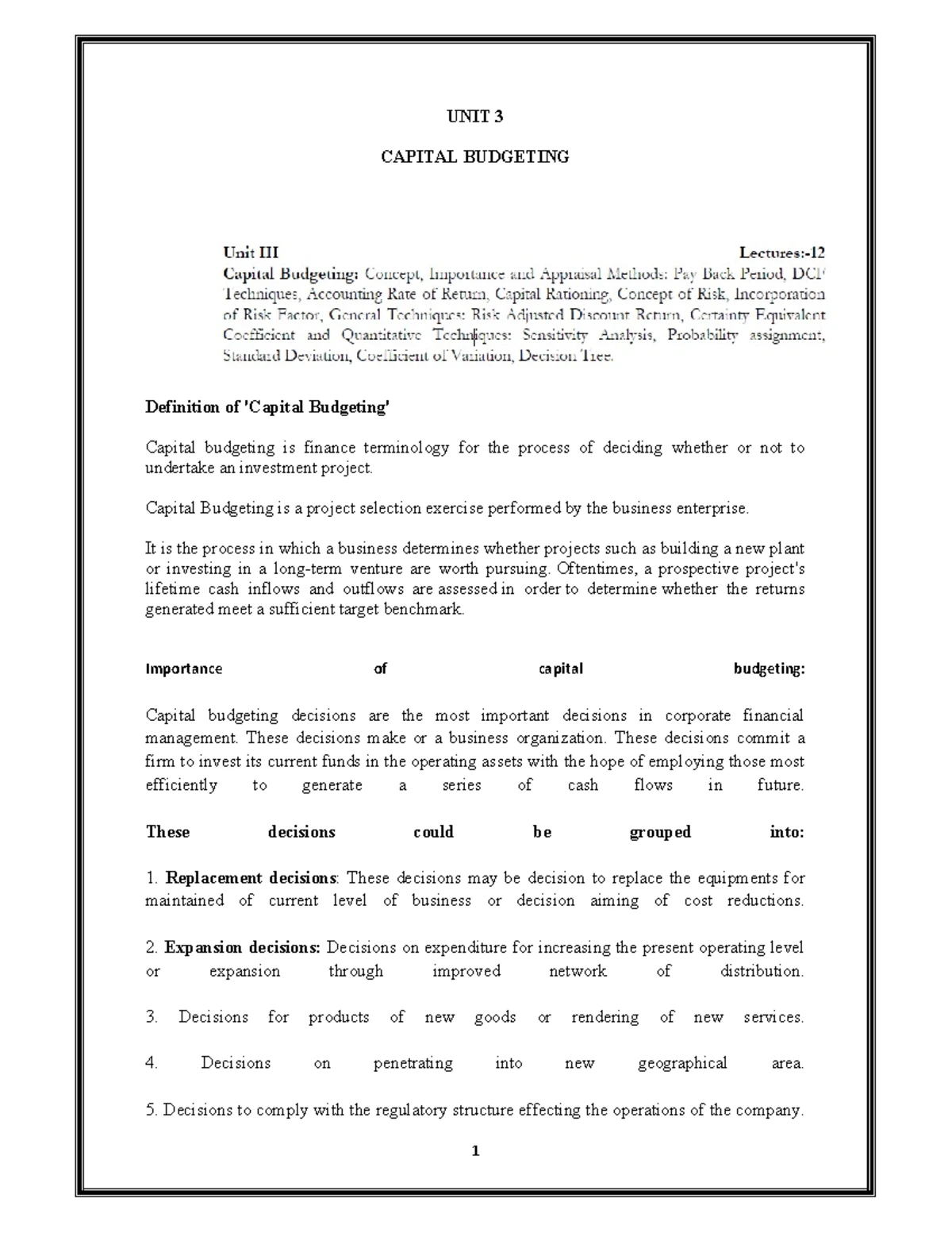 UNIT 3 - Lecture notes 5 - UNIT 3 CAPITAL BUDGETING Definition of ...