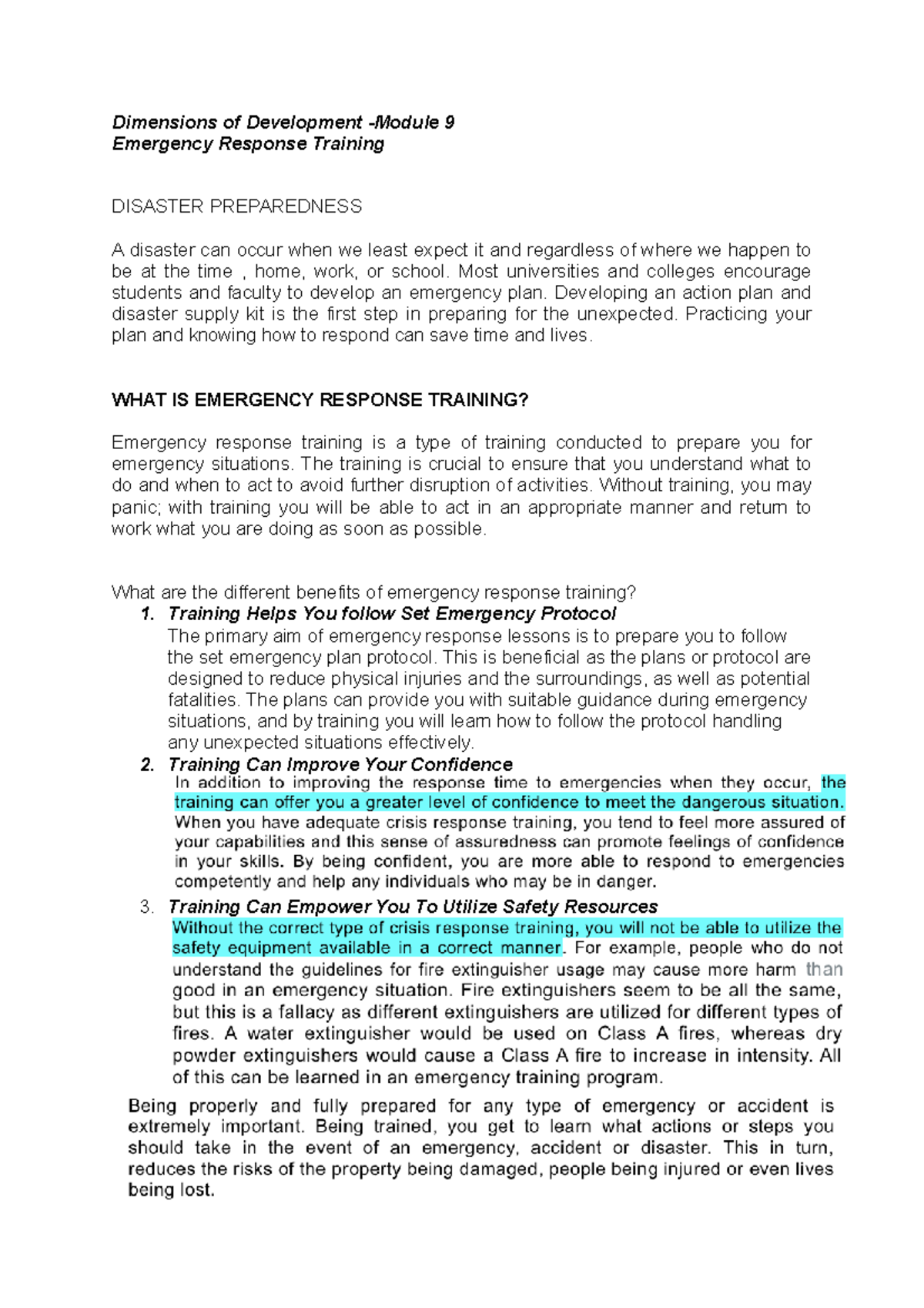 Emergency Response -Module 9 - Dimensions of Development -Module 9 ...