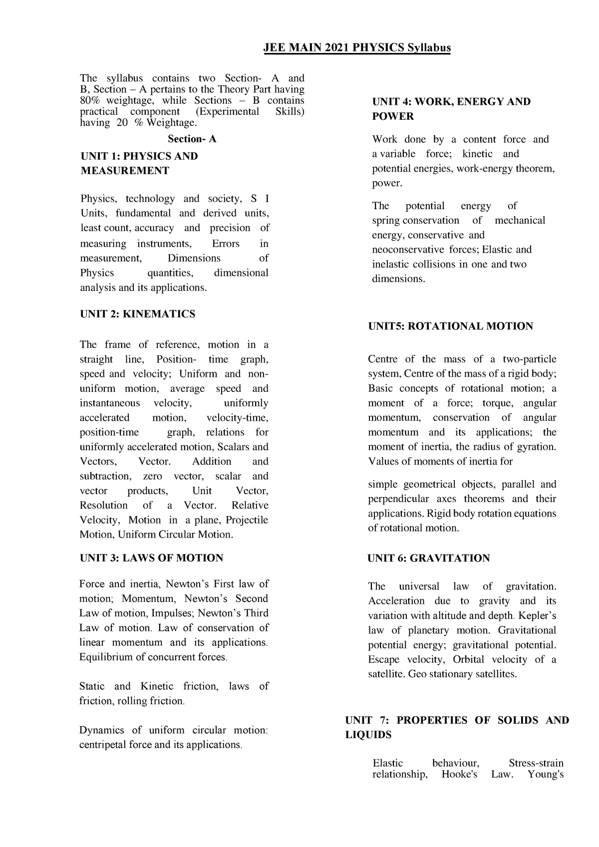 JEE Main 2021 Physics Syllabus - JEE MAIN 2021 PHYSICS Syllabus The ...