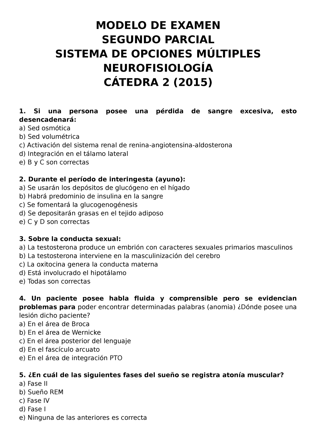 Modelo DE Segundo Parcial Multiple Choice NRO 3 Neurofisiologia Catedra ...