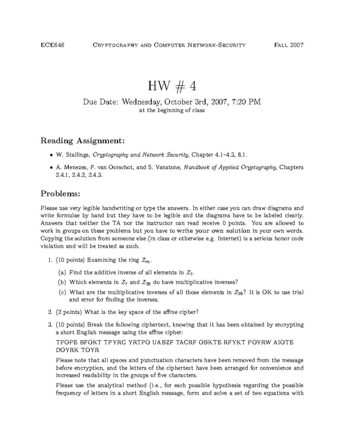 Seminar Assignments Homework 4 Ece646 Cryptography And Computer