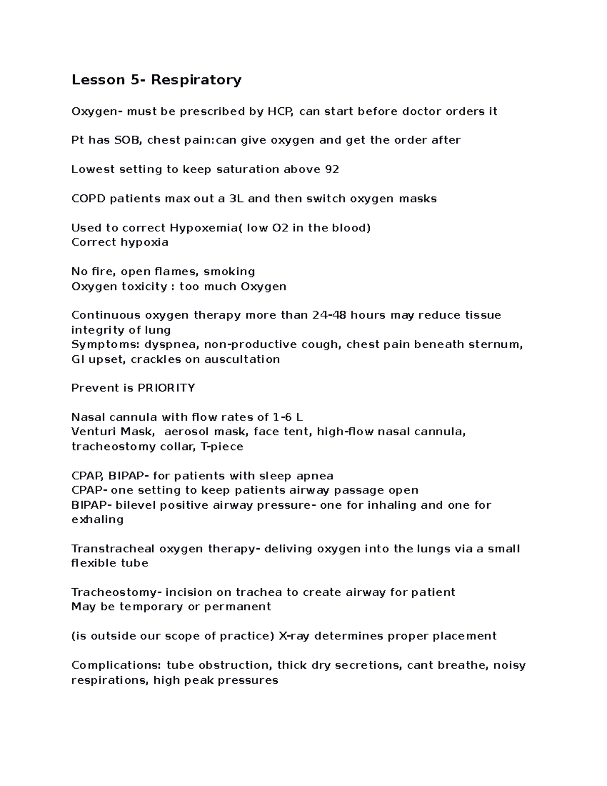 Lesson 5- Respiratory - Lecture notes - Lesson 5- Respiratory Oxygen ...