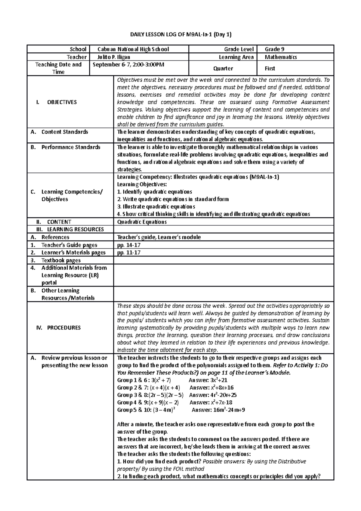 Lesson plan for grade 9 first quarter - DAILY LESSON LOG OF M9AL-Ia-1 ...