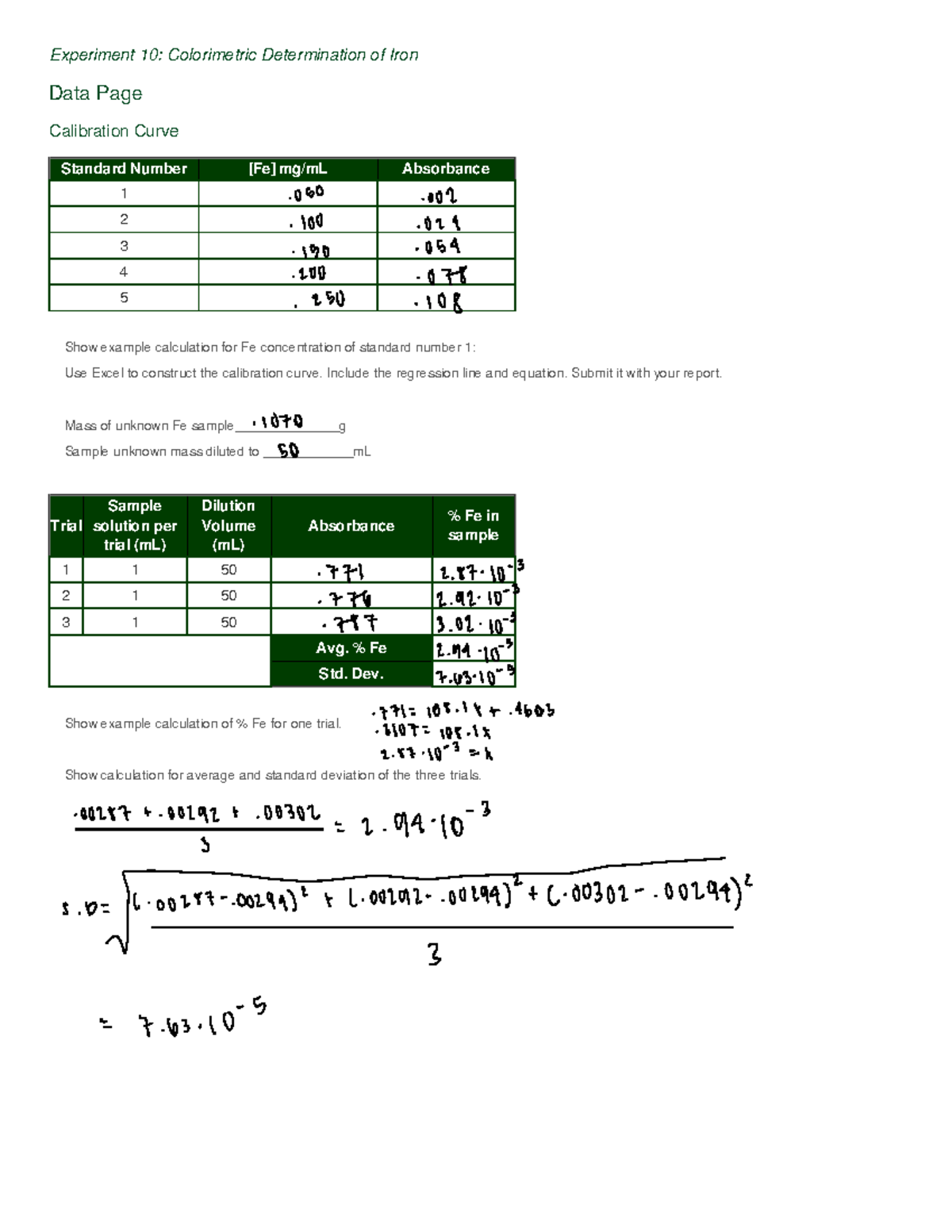 experiment 10 colorimetric determination of iron