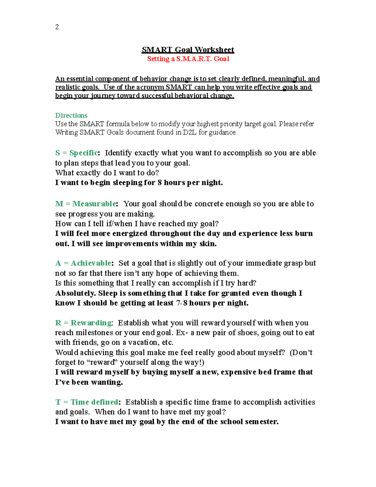 Sleep Smart Goals 2 SMART Goal Worksheet Setting a S.M.A.R. Goal An