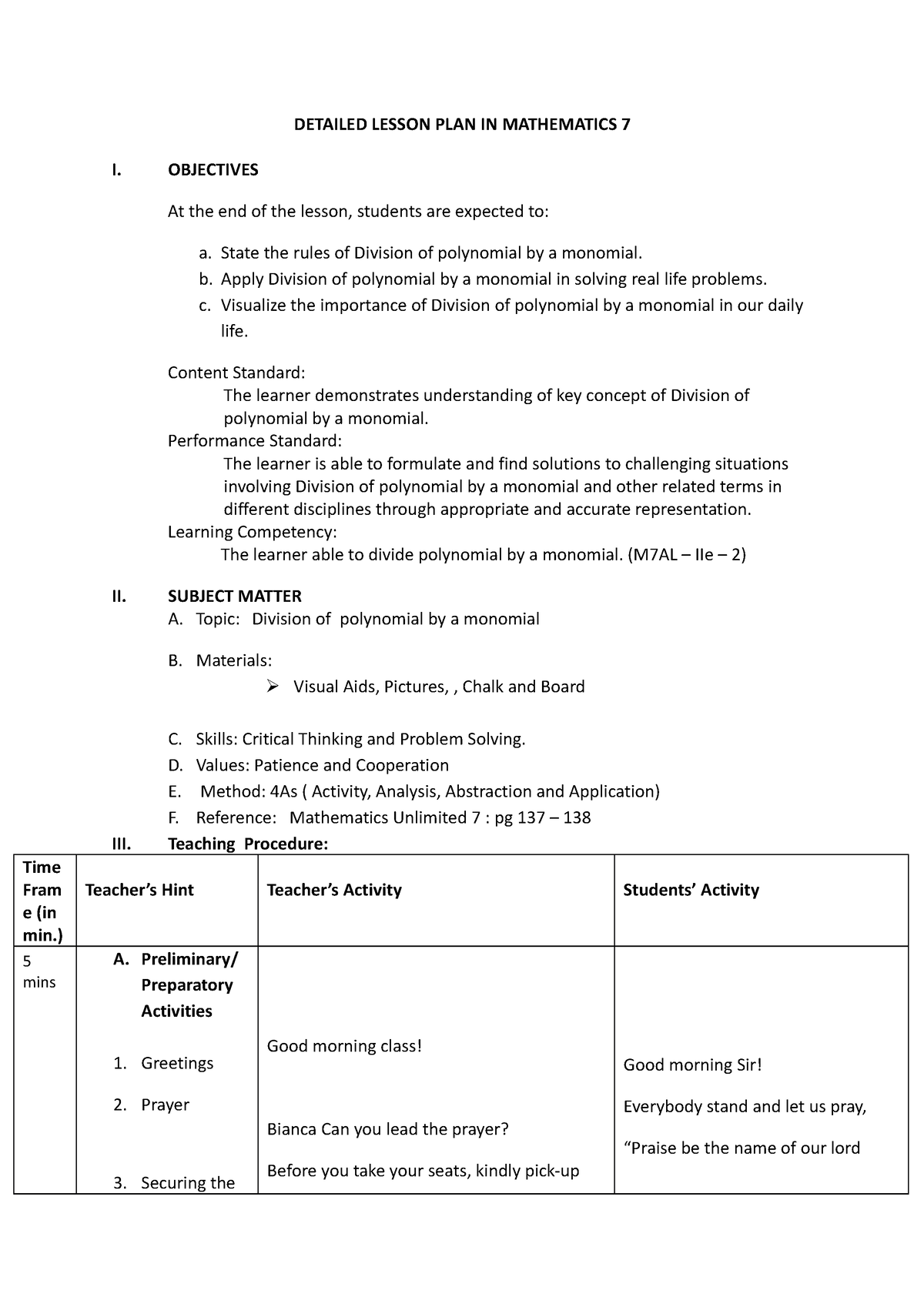 Detailed Lesson Plan division of polynomials - DETAILED LESSON PLAN IN ...