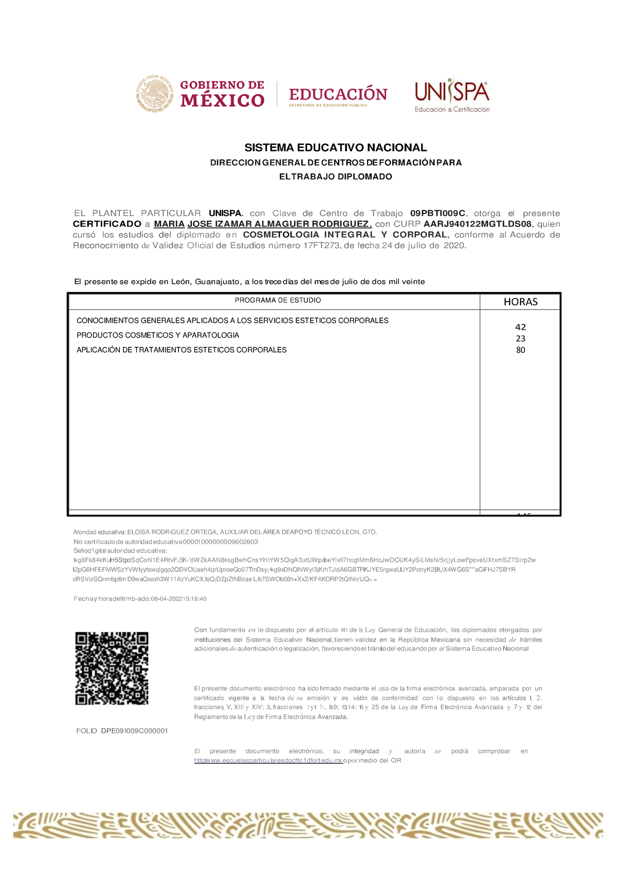 Certificado UNISPA - SISTEMA EDUCATIVO NACIONAL DIRECCION GENERAL DE ...