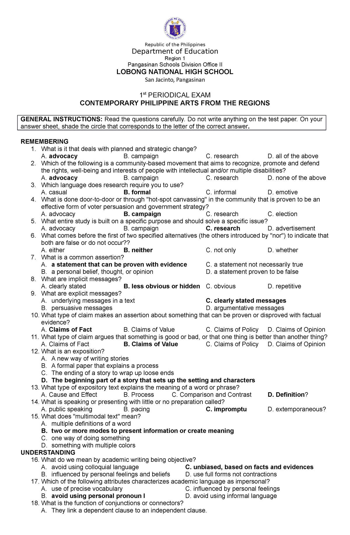 1st Periodical Exam English 10 Republic Of The Philippines Department Of Education Region 1 