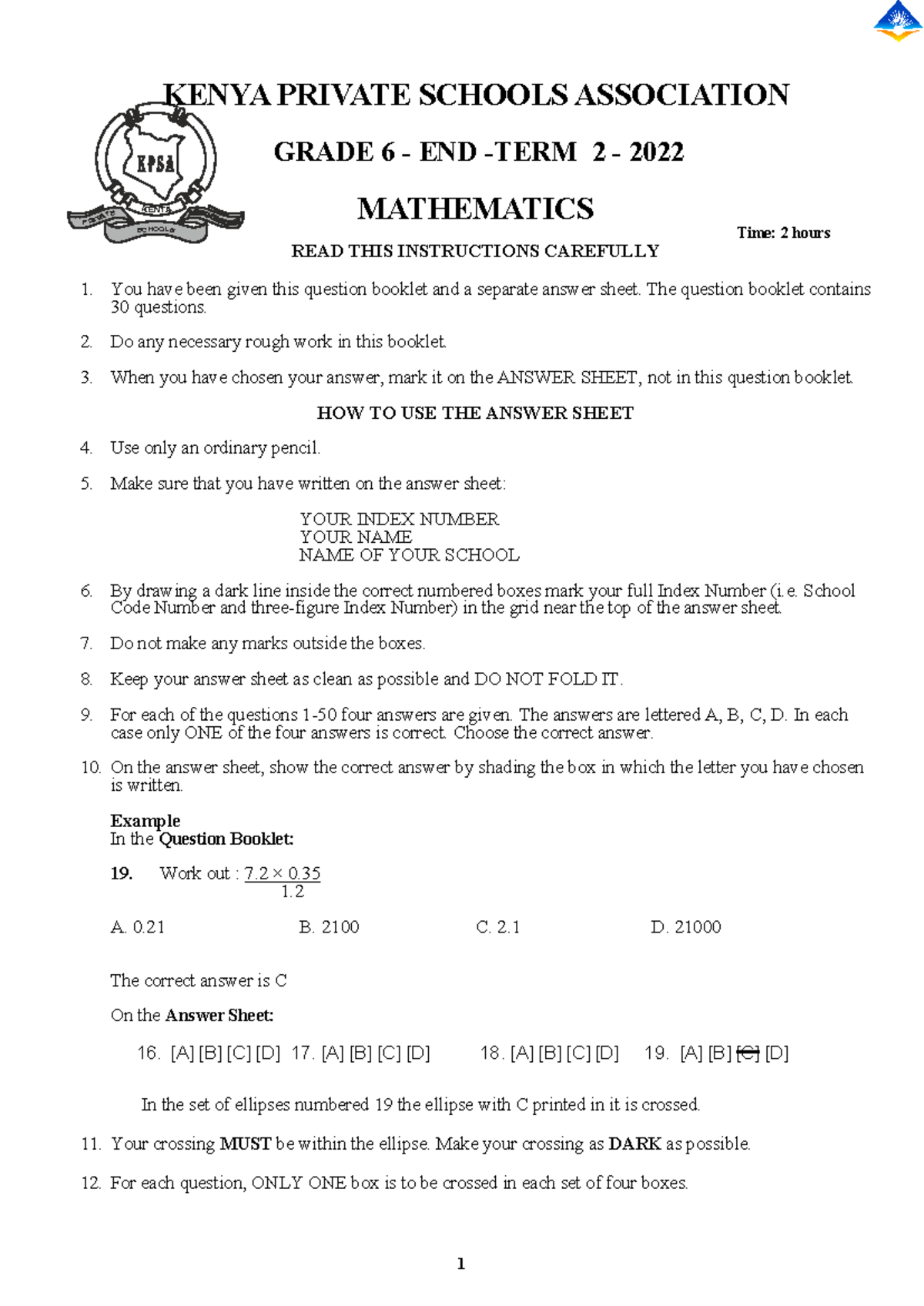 Mathematics Grade 6 KPSA - ####### K ENYA PRIVAT E SCHOOLS 1 KENYA ...