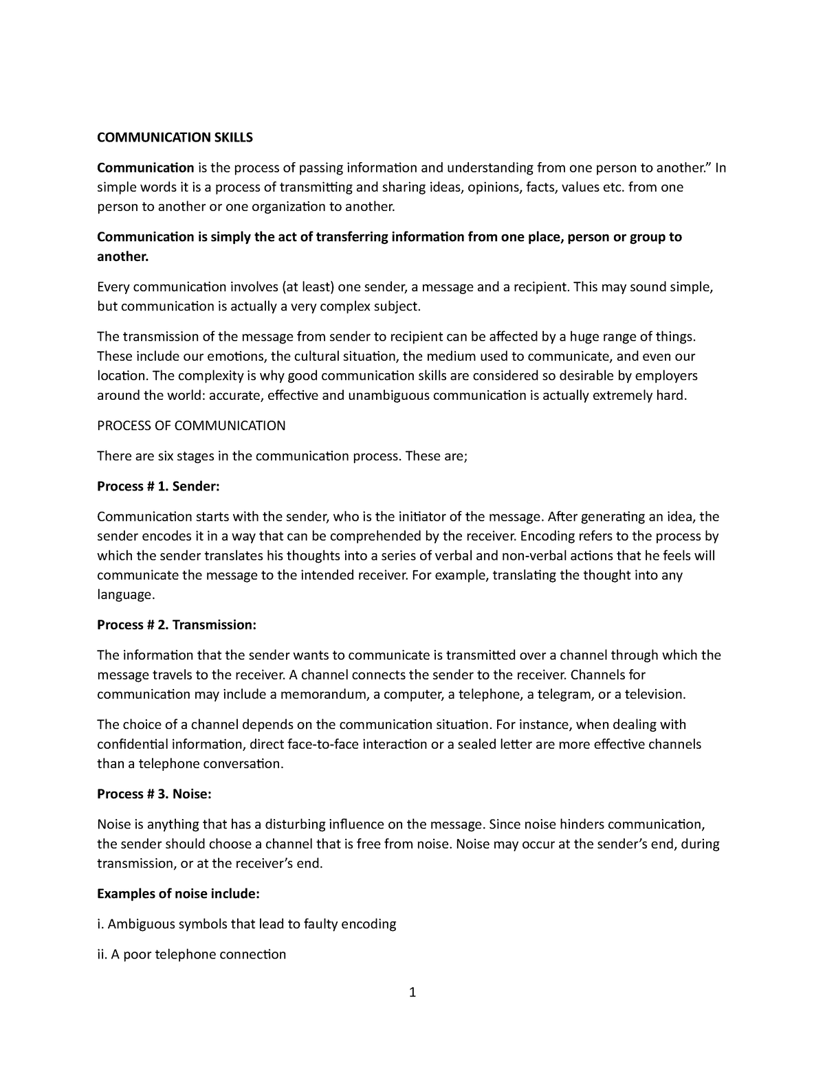 Communication Skills Notes - COMMUNICATION SKILLS Communication is the ...