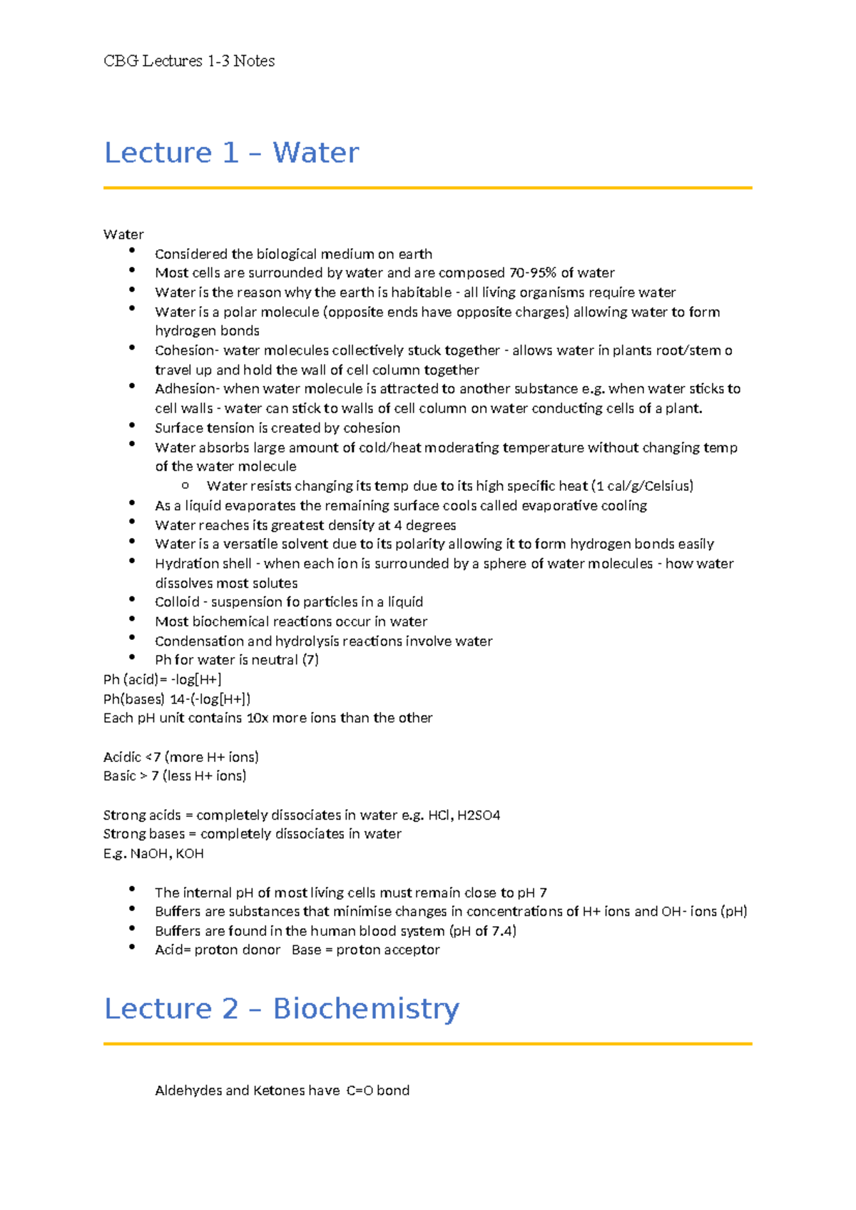 CBG Lecture 1-3 Notes - Lecture 1 – Water Water Considered the ...